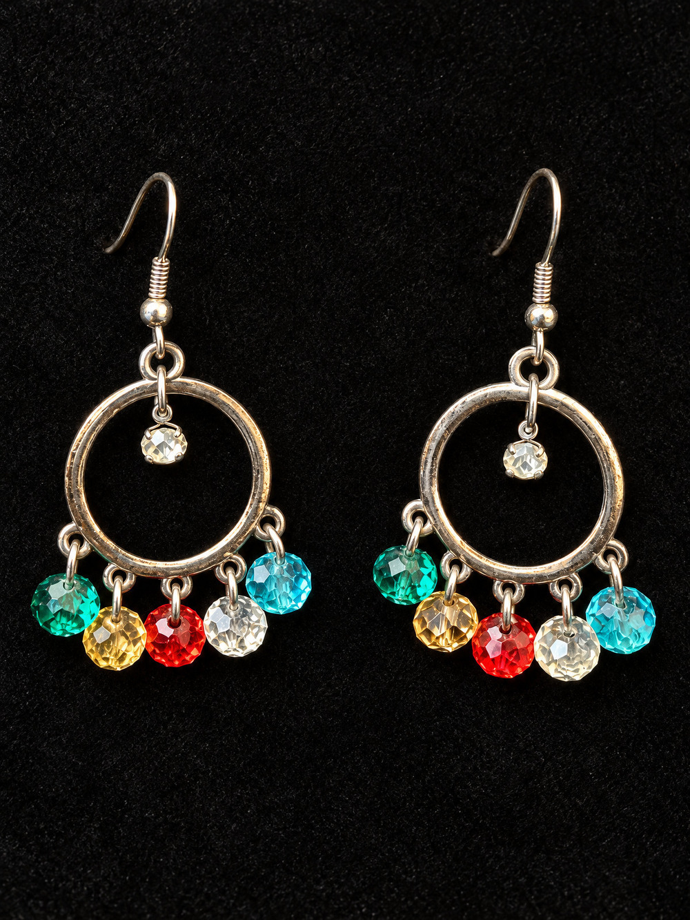 ⚜️ Hoop Drop Earrings | Multicolor Crystal Beads | Silver-Tone Dangle 💗